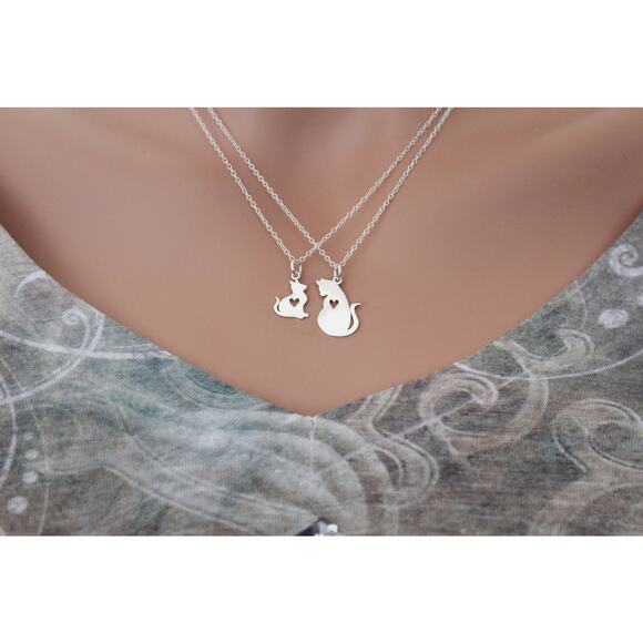 Sterling Silver Mommy and Baby Cat Charm Set Necklace - Picture 3 of 5